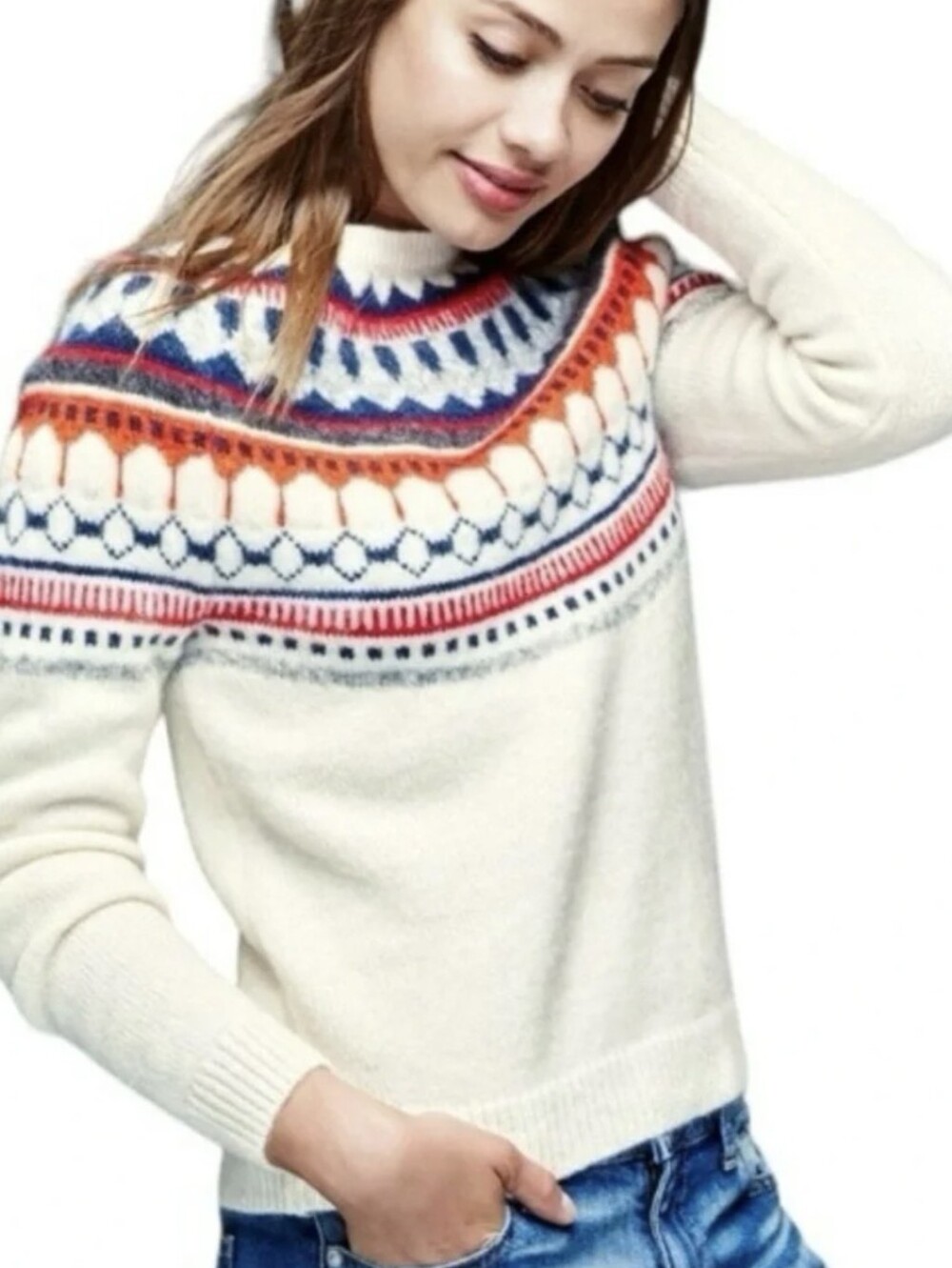 Fair Isle Sweater featuring a vibrant Nordic-style yoke pattern Cream Red Navy
